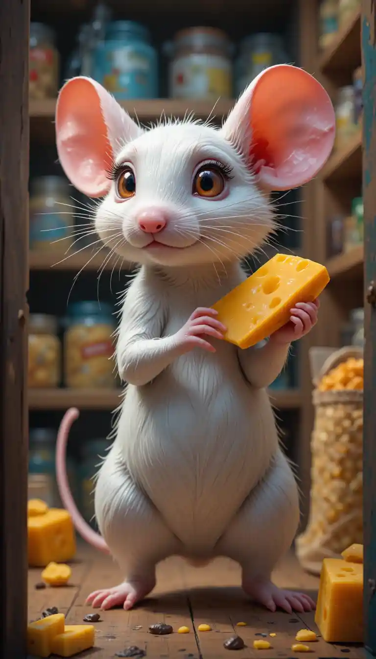 Adorable ratón blanco con queso en una colorida despensa
