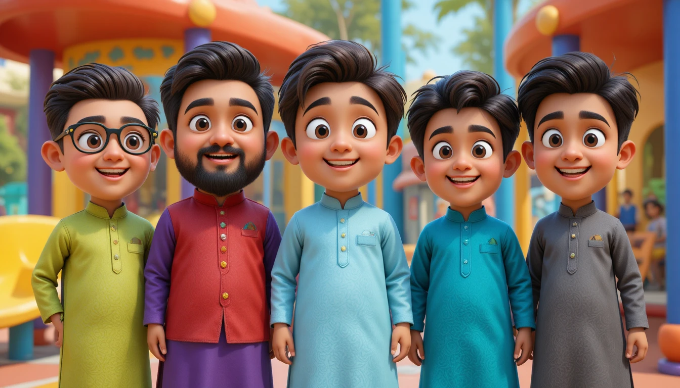 Cinco niños de caricatura de pie juntos en un colorido parque infantil