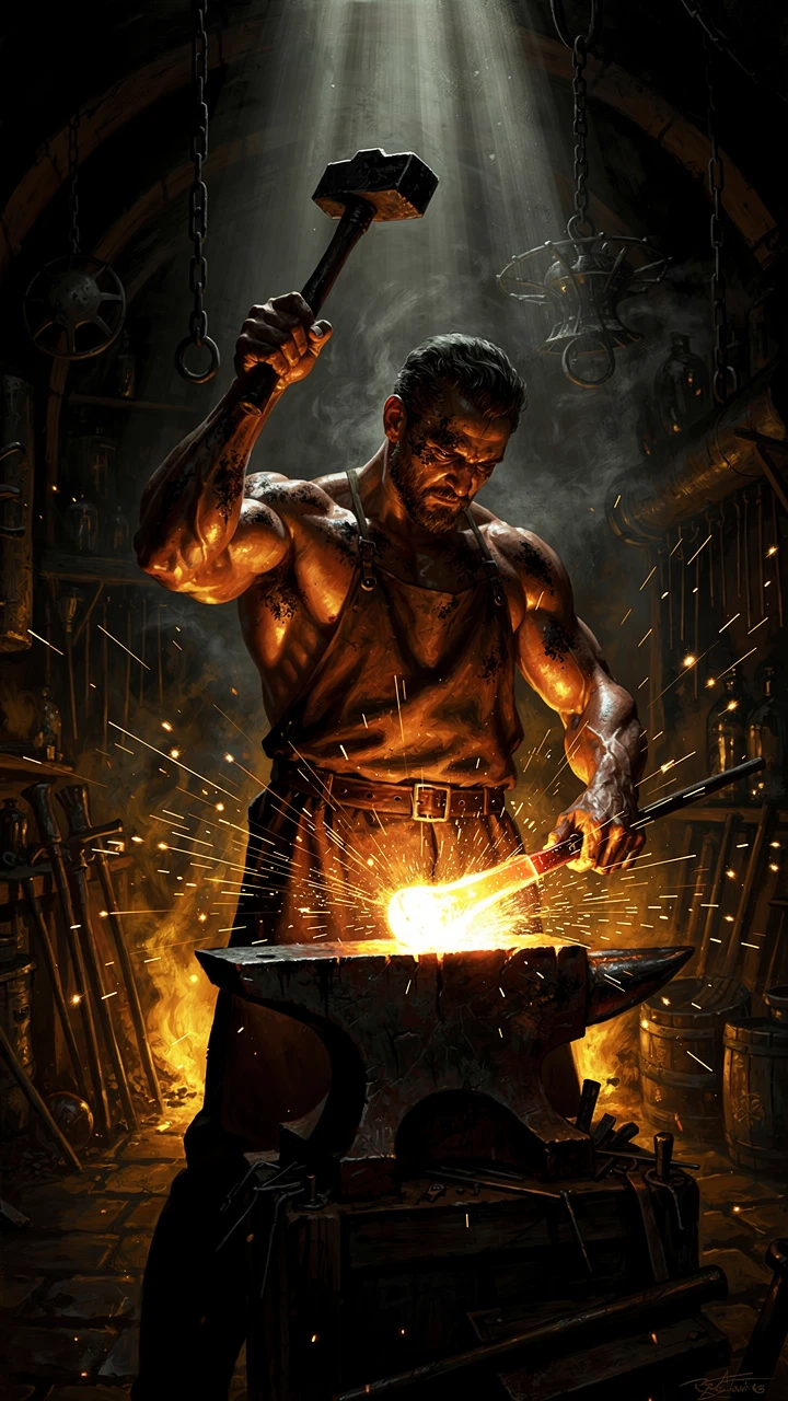 Solitary blacksmith forging metal in a dramatic workshop