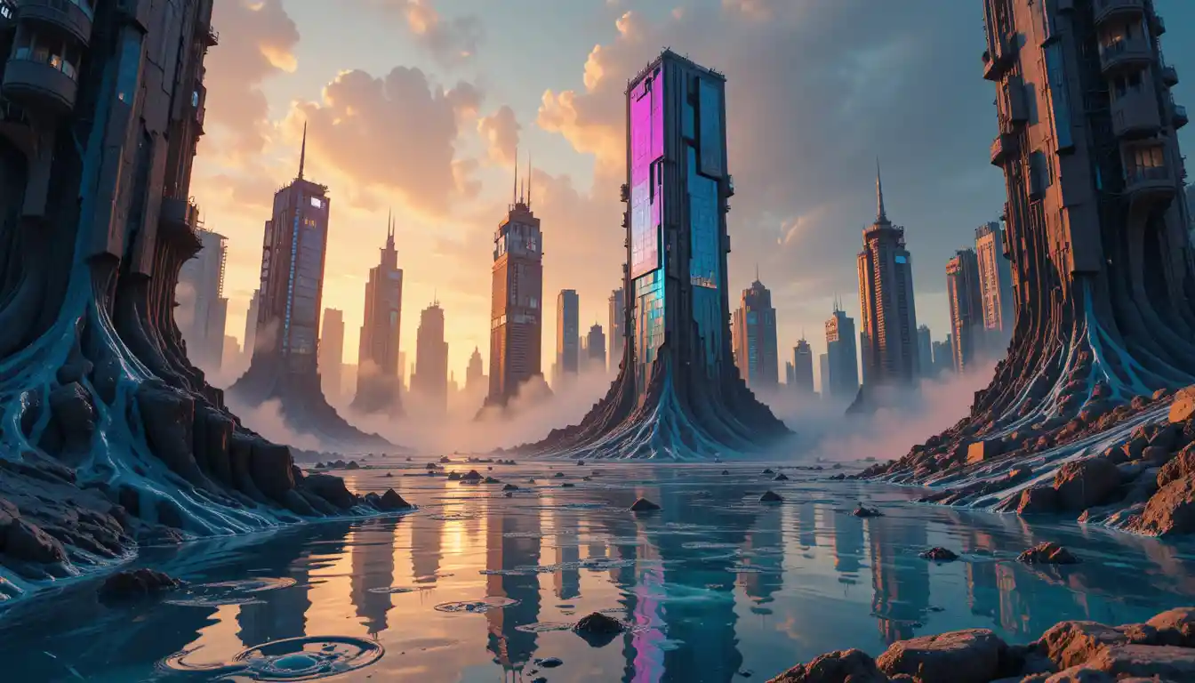 Surreal cityscape of melting skyscrapers in golden light