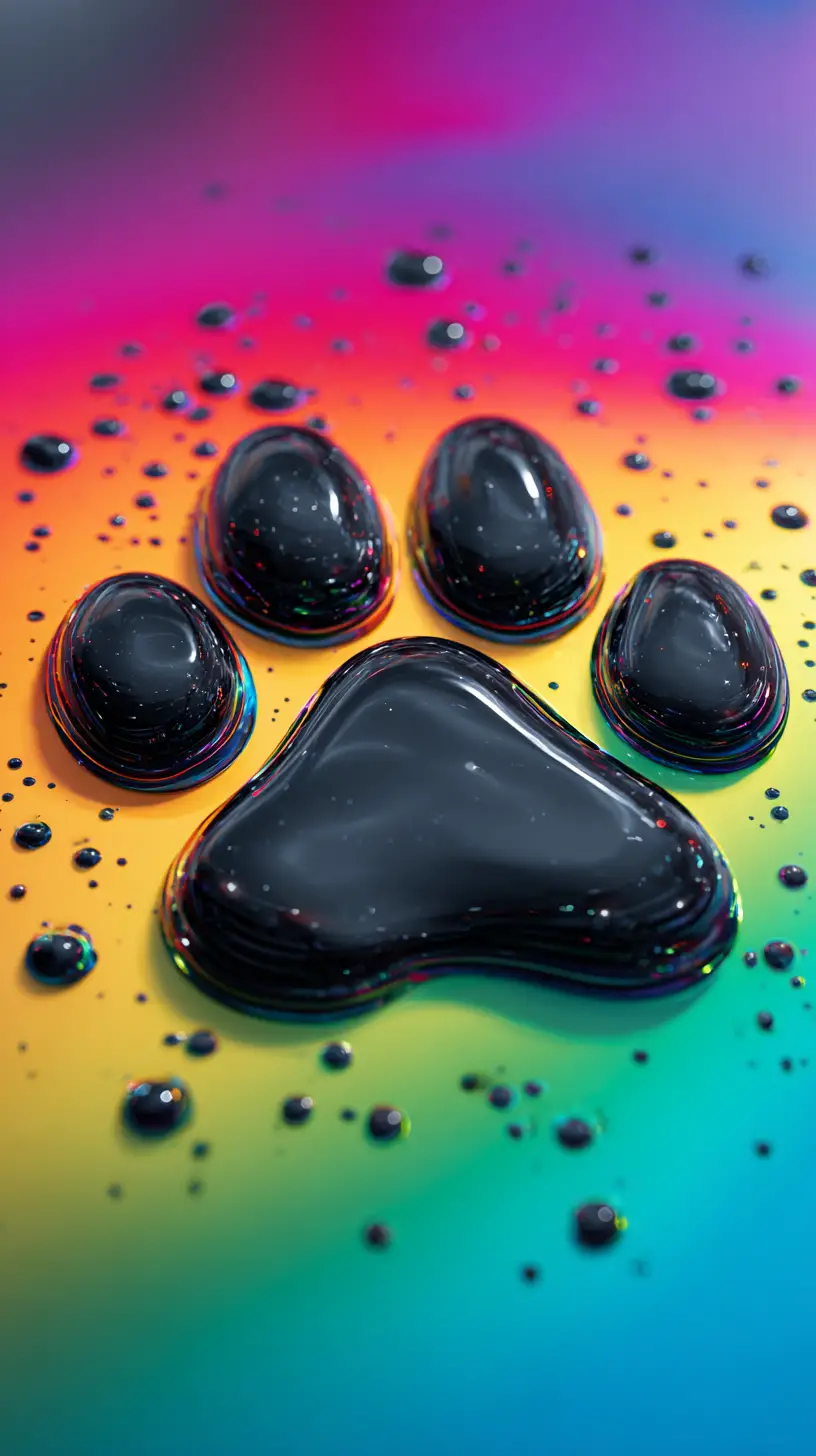 Glossy Black Paw Print On Vibrant Rainbow Background