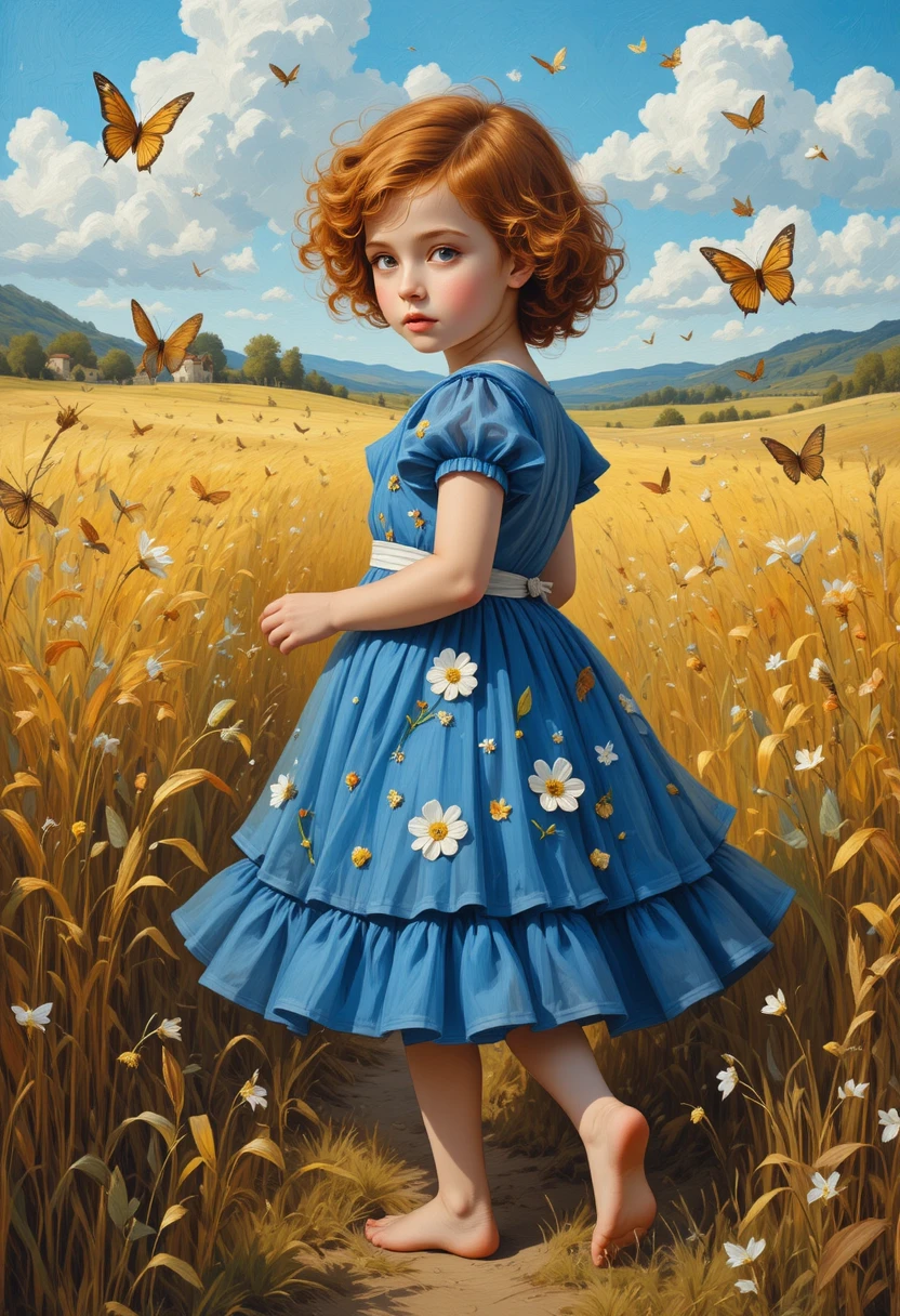 Bambina che insegue le farfalle in un campo di erba dorata