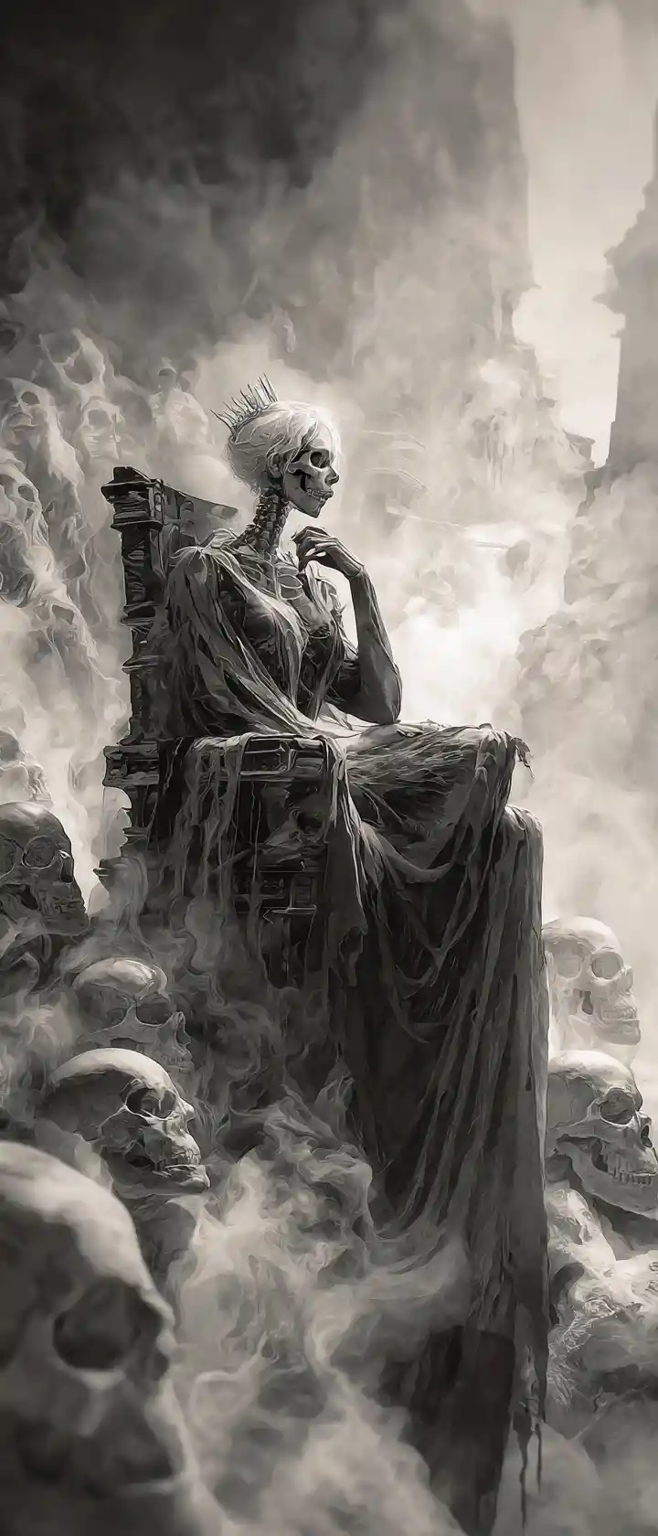 Rainha esquelética em um trono de obsidiana em ruínas