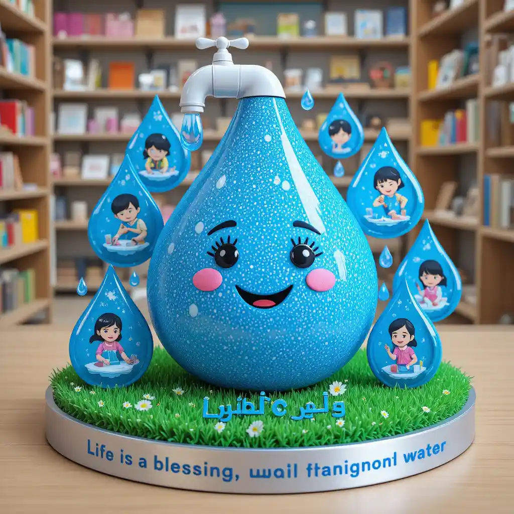 Cheerful 3D water conservation craft with cartoon droplet