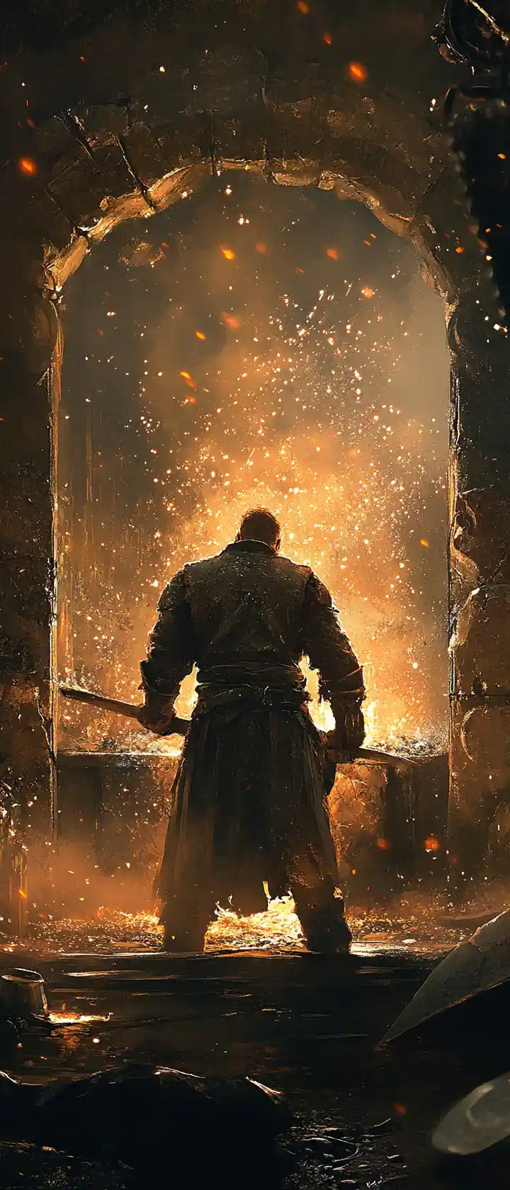 Blacksmith Hammering Metal Before A Roaring Forge