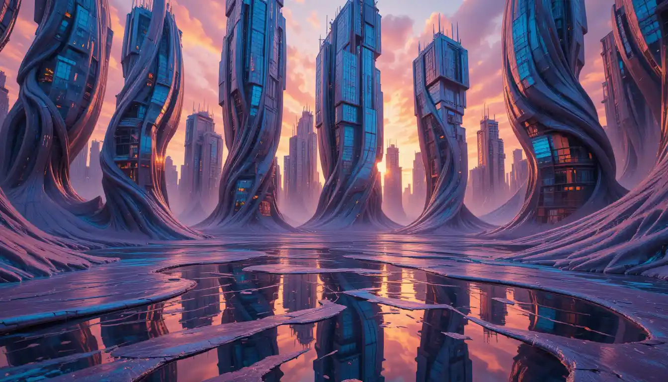 Surreale Stadt mit verzerrten Wolkenkratzern über einer flüssigen Spiegelung