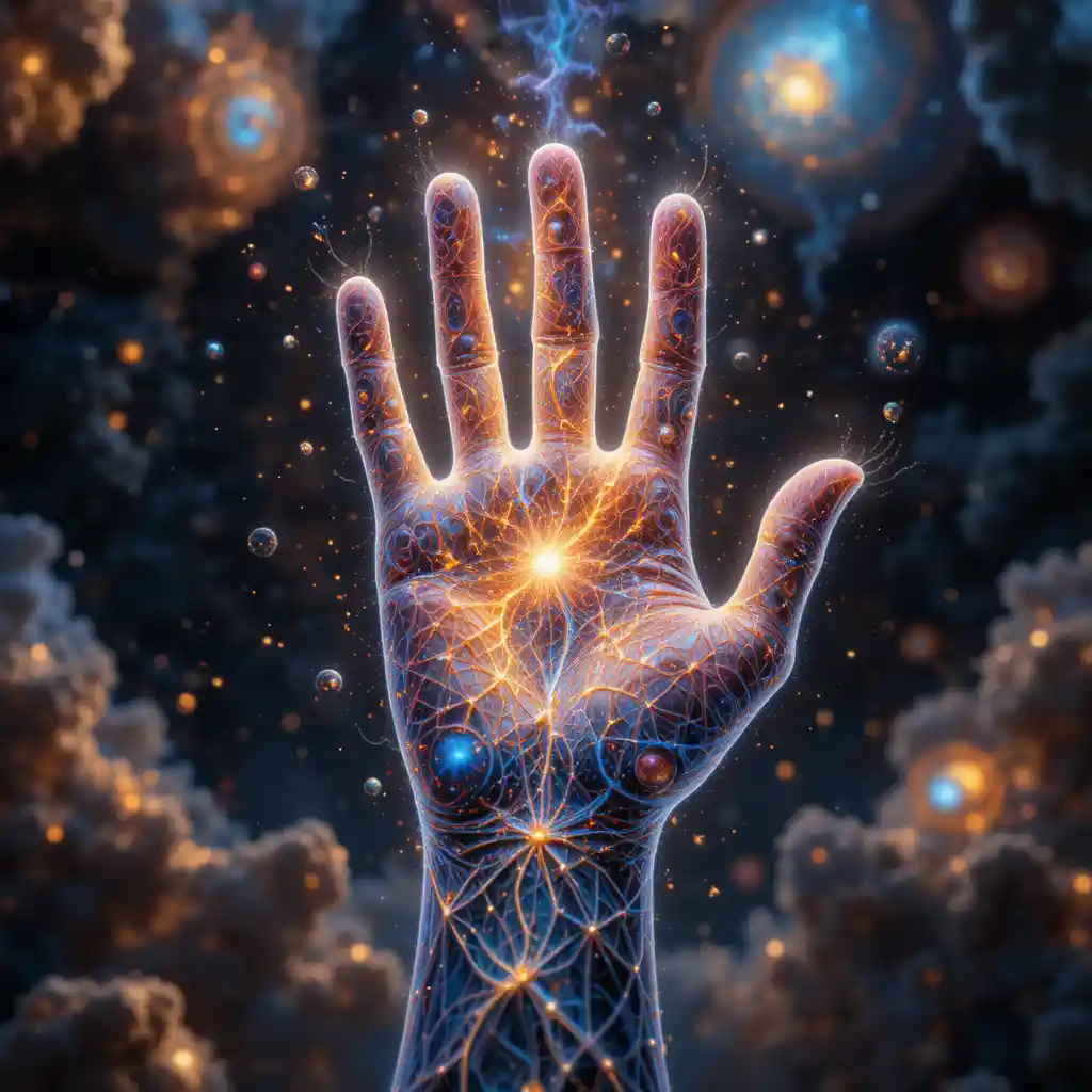 Luminous fractal cosmic hand shaping a vibrant universe