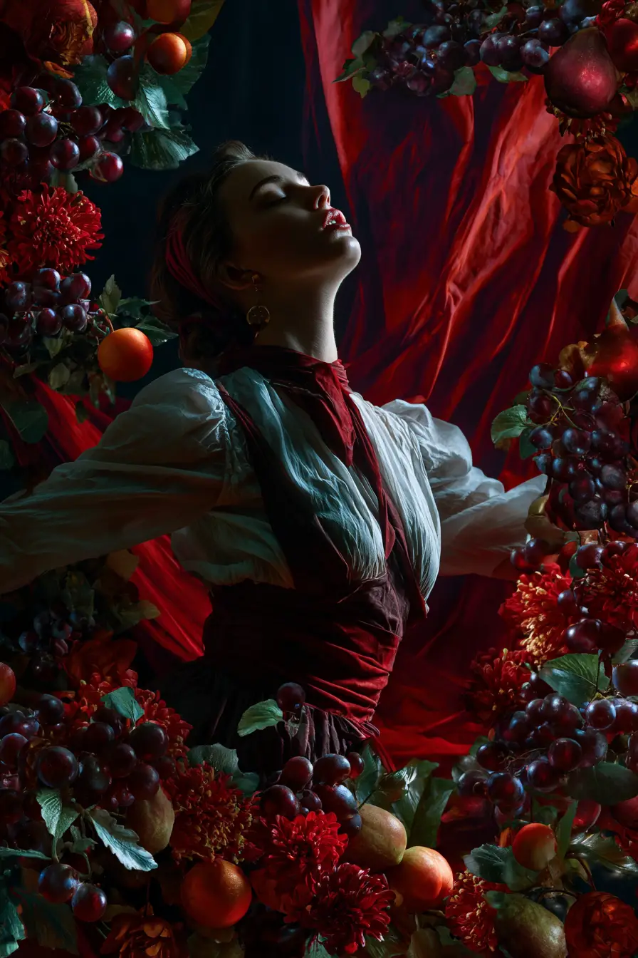 Passionate woman framed by flowing floral fruit motifs