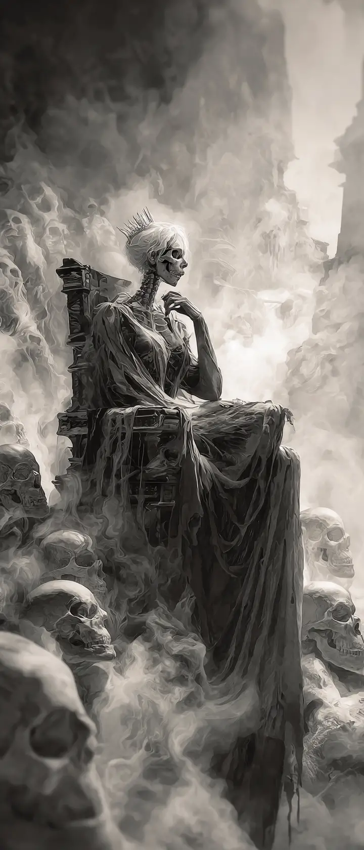 Skeletal queen on a crumbling obsidian throne in ruins