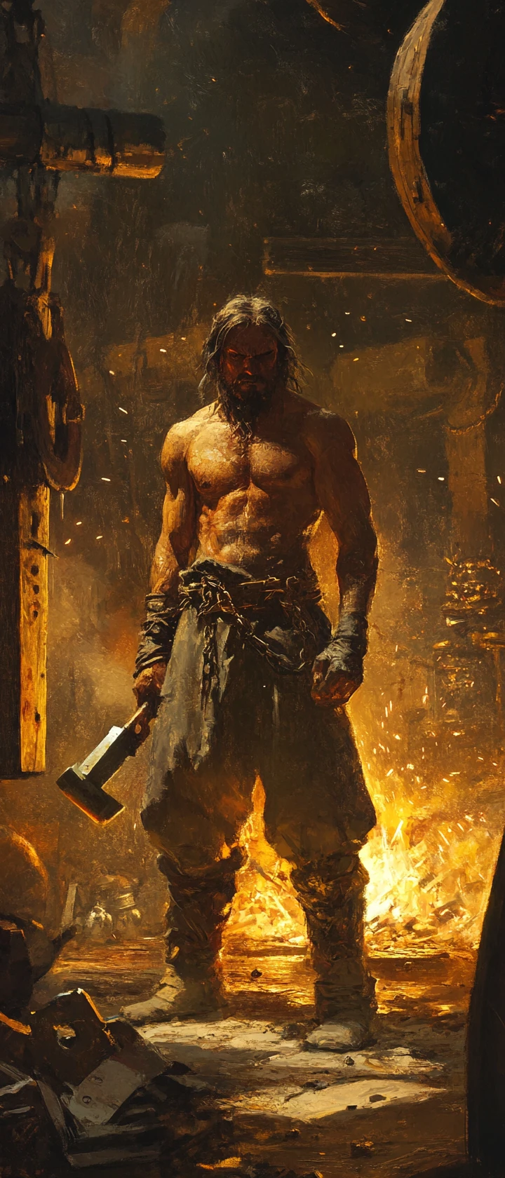 Solitary blacksmith forging metal in a dramatic workshop