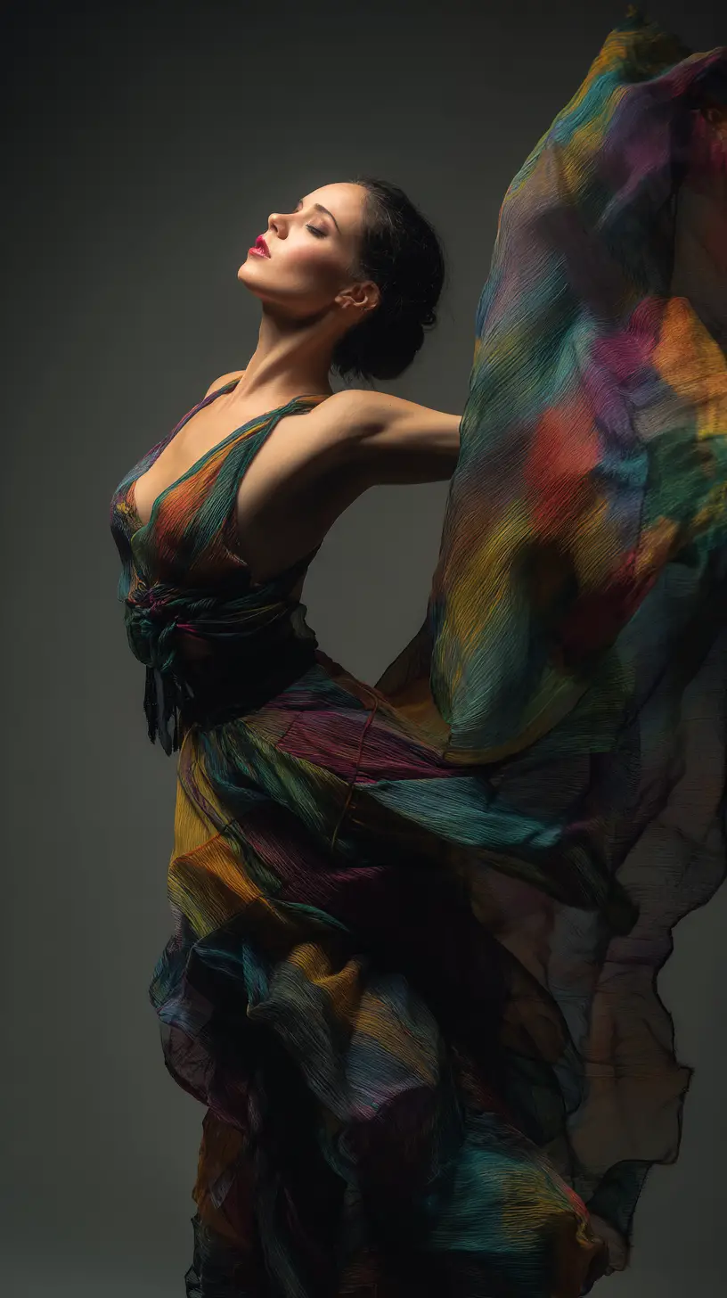 Passionate woman surrounded by flowing waves of color