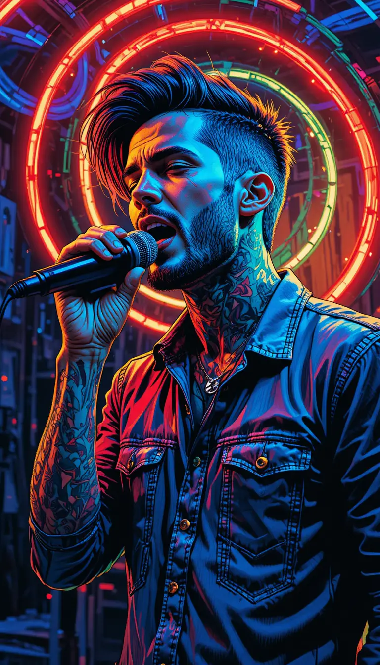 Chanteur pop art avec lignes de cheveux néon sur scène sombre