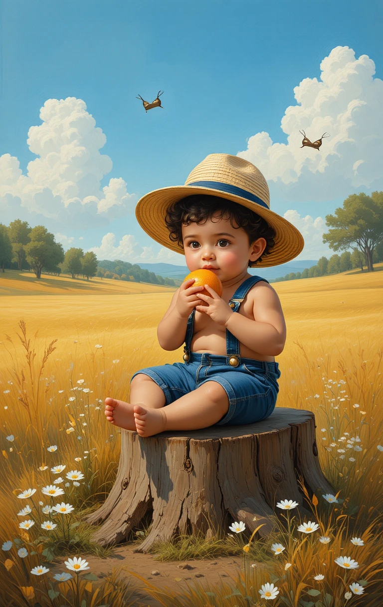 Niño pequeño sobre un tocón en un campo dorado de verano