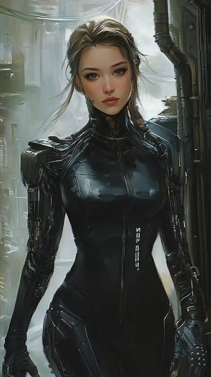 工業場景中的賽博龐克外骨骼裝甲女賽博格