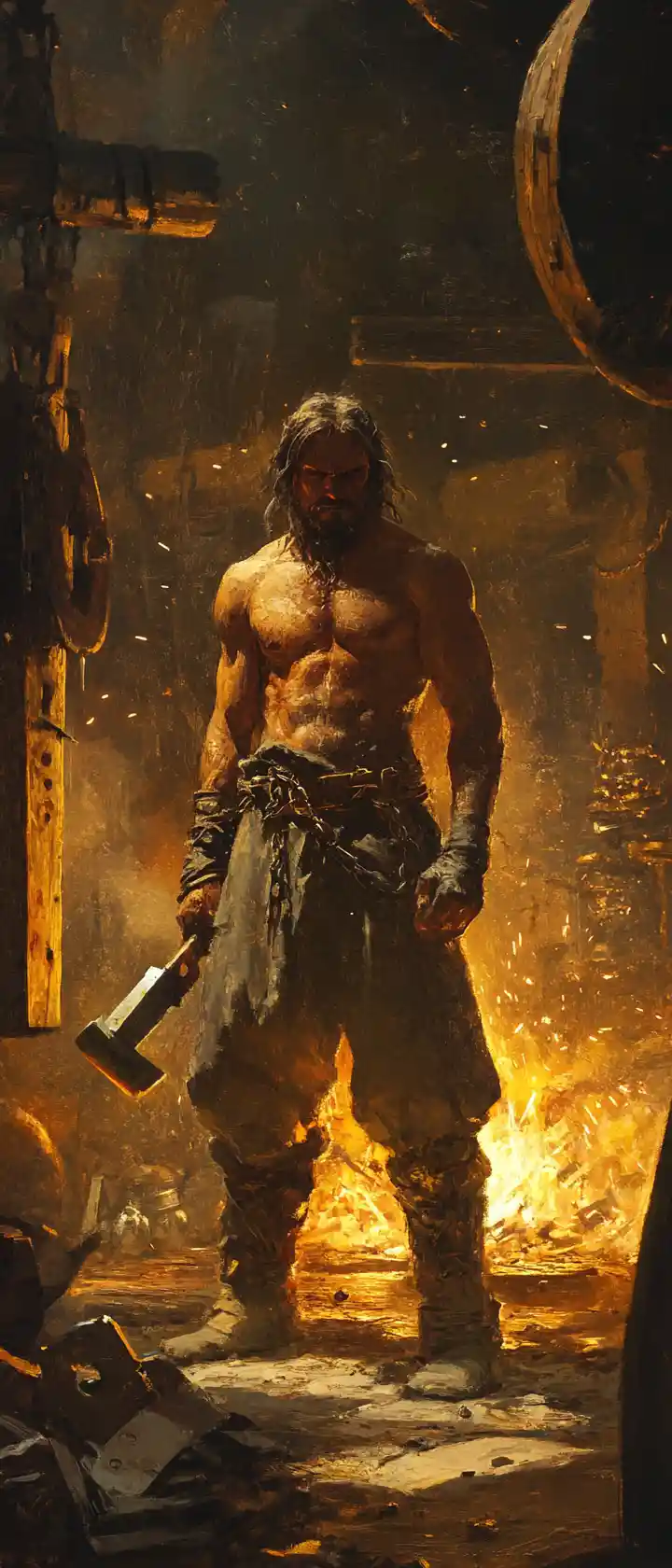 Solitary blacksmith forging metal in a dramatic workshop