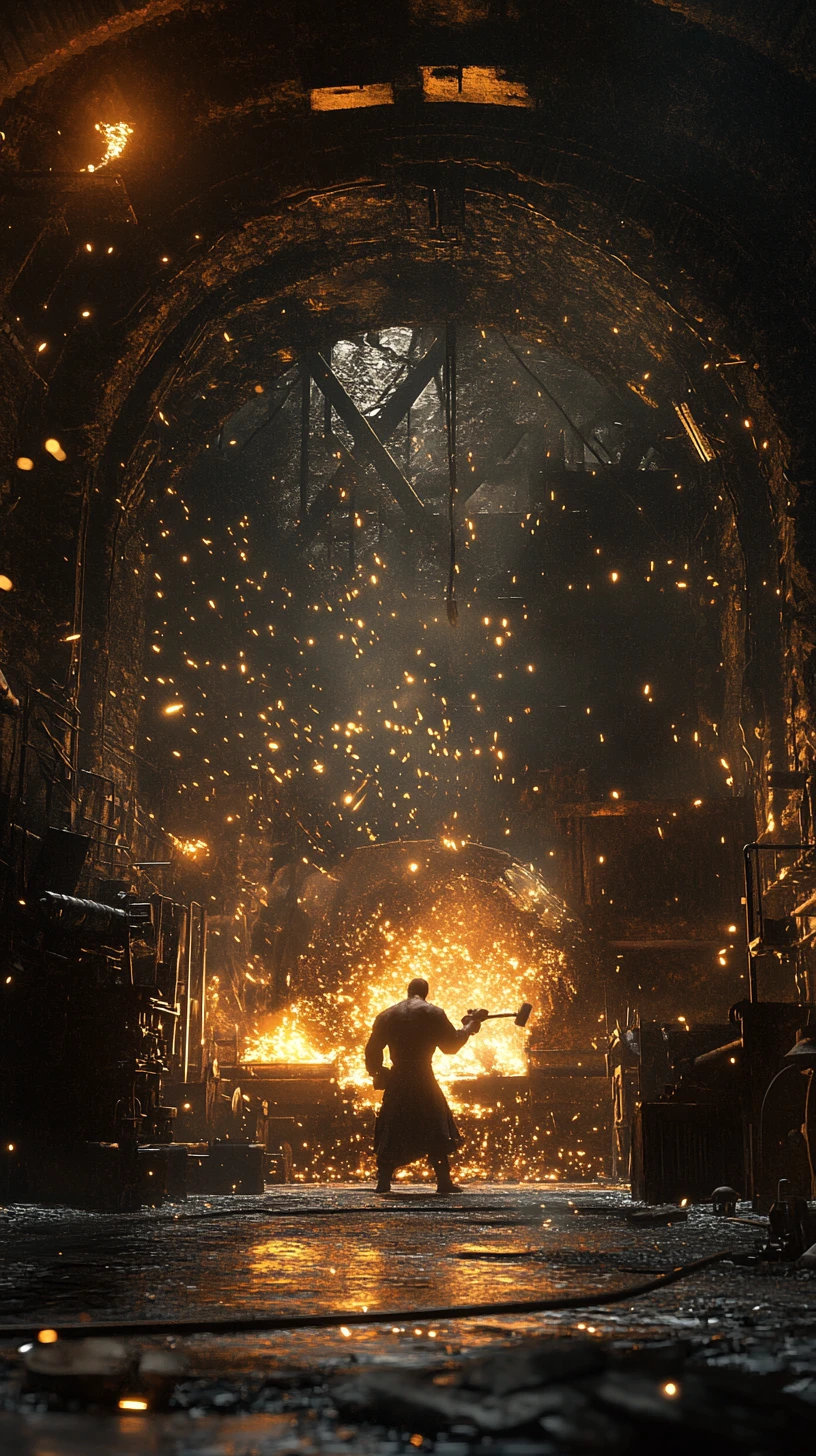 Solitary blacksmith forging metal in a dramatic workshop