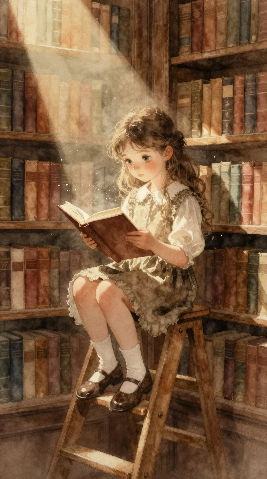 Giovane ragazza che legge su una scala di legno in una biblioteca illuminata dal sole
