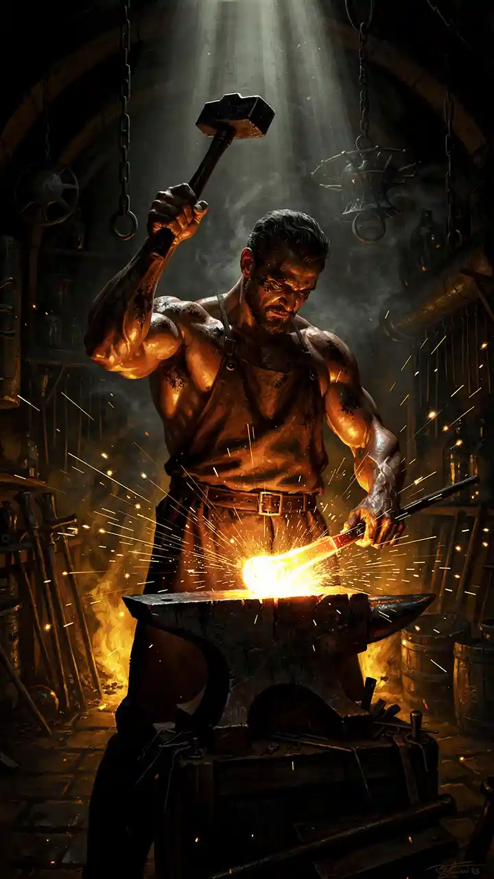 Solitary blacksmith forging metal in a dramatic workshop