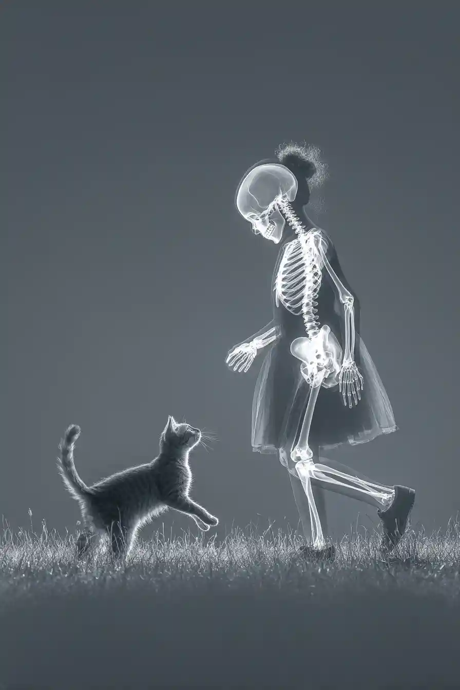 X ray art of little girl and cat on meadow