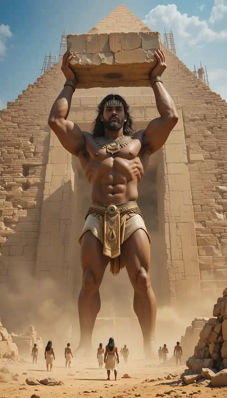 Antigo gigante erguendo pedra diante de uma pirâmide no deserto