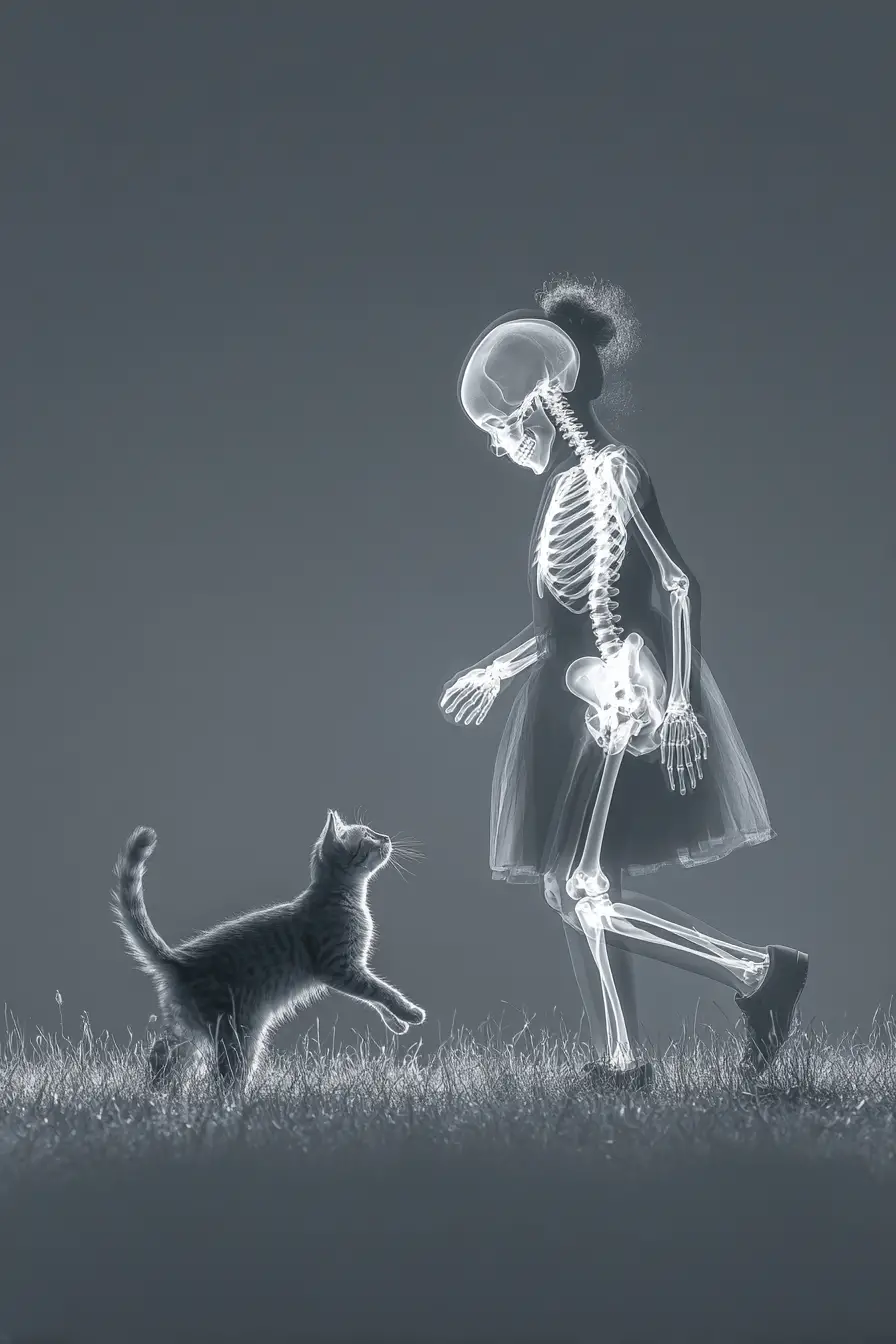 X ray art of little girl and cat on meadow