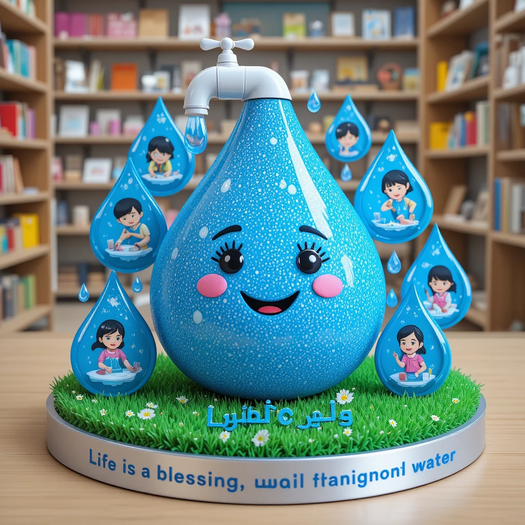 Cheerful 3D water conservation craft with cartoon droplet