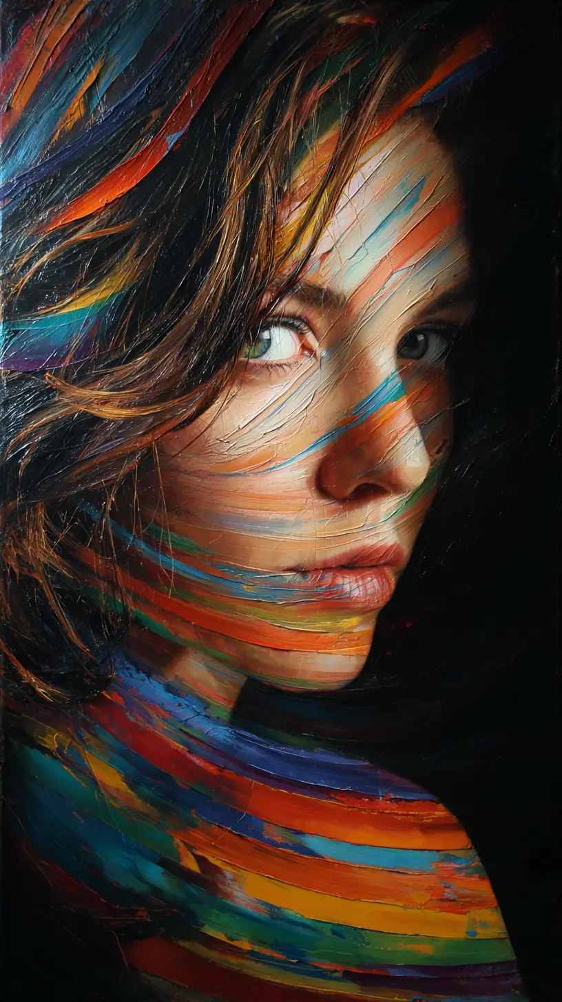 Woman in passionate pose with swirling colored waves