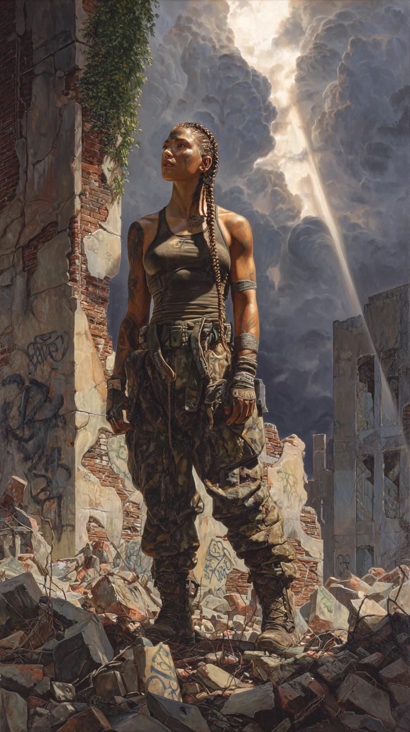 Indigenous warrior woman in ruined urban landscape oil painting