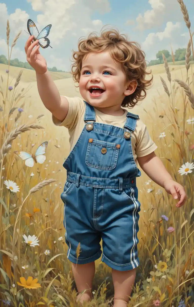 Laughing toddler chasing a butterfly in tall grass