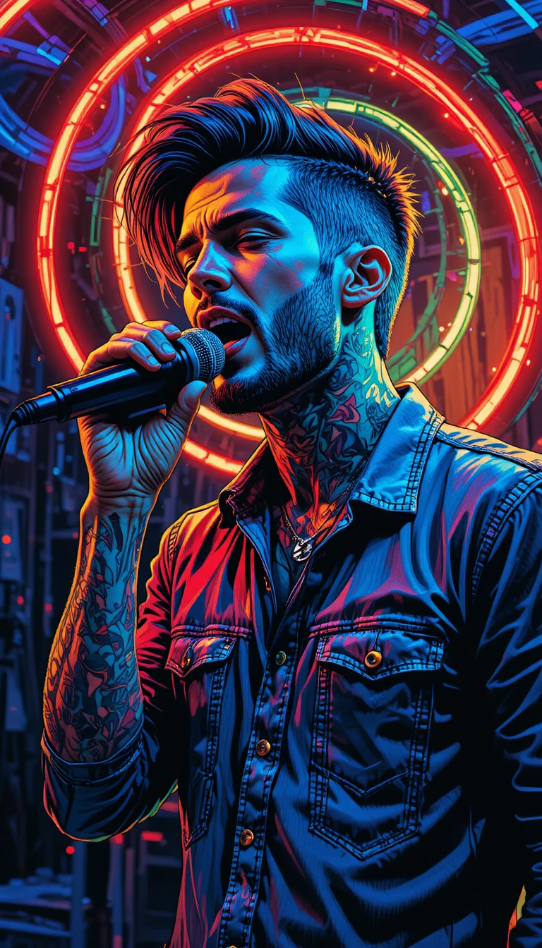 Chanteur pop art avec lignes de cheveux néon sur scène sombre