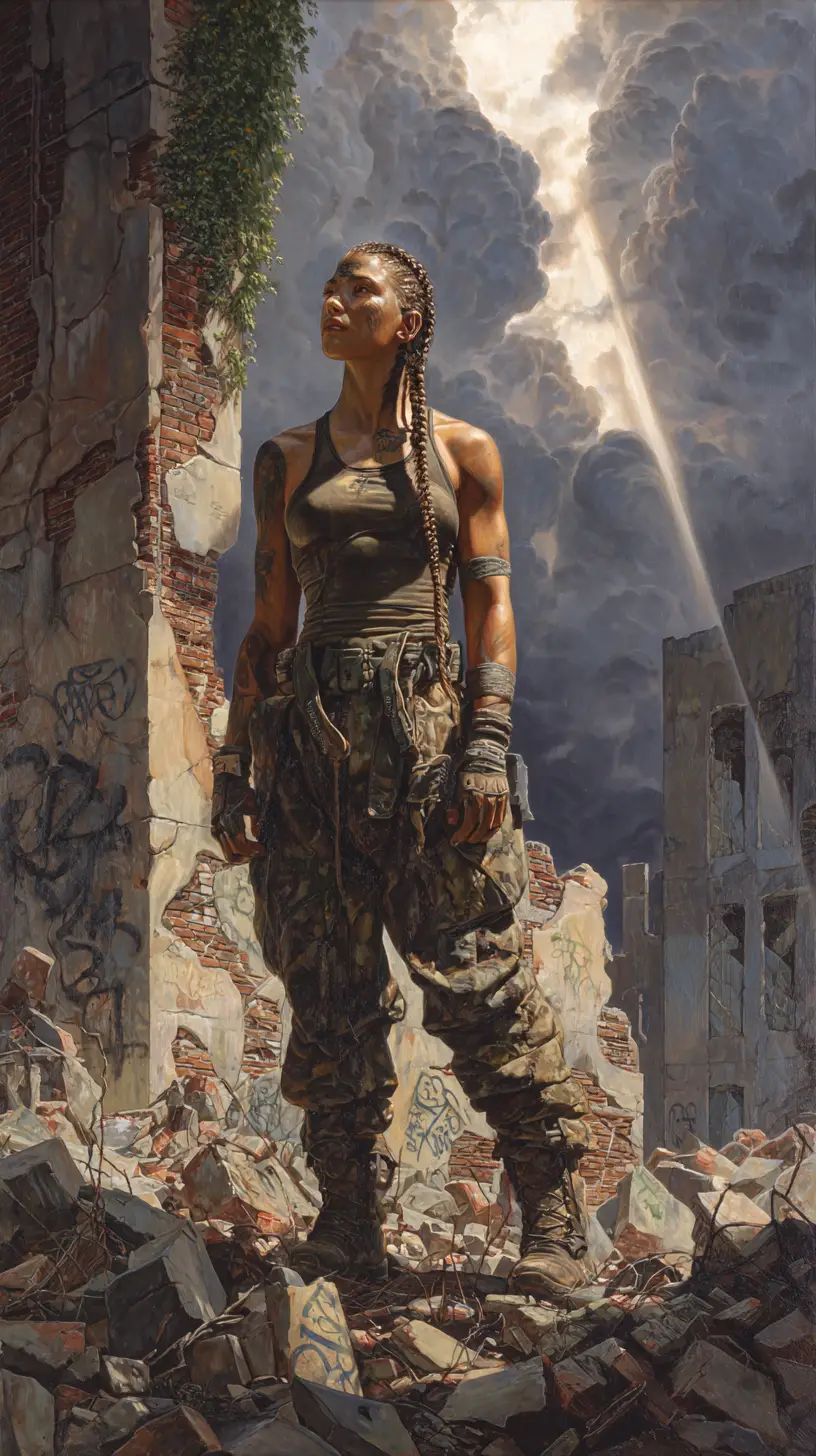 Indigenous warrior woman in ruined urban landscape oil painting