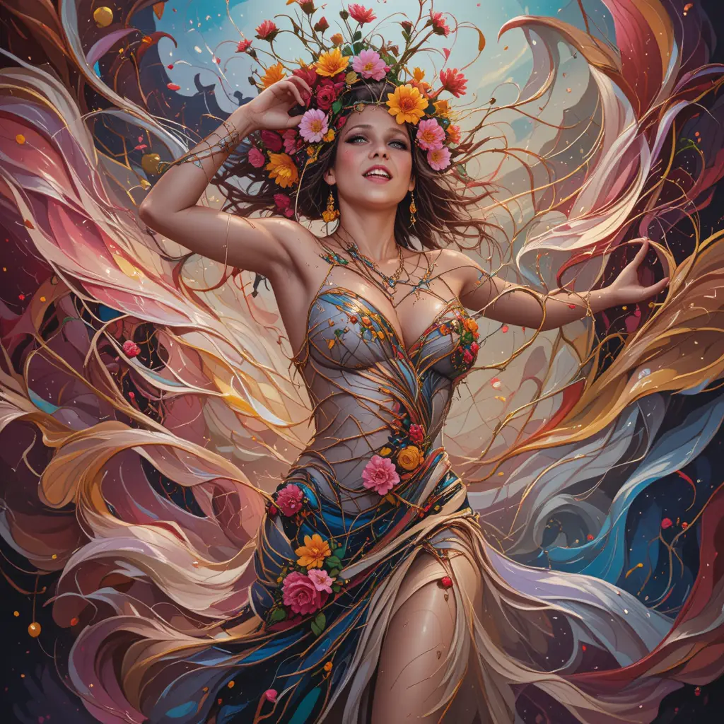 Dynamic woman framed by swirling flowers and leaves