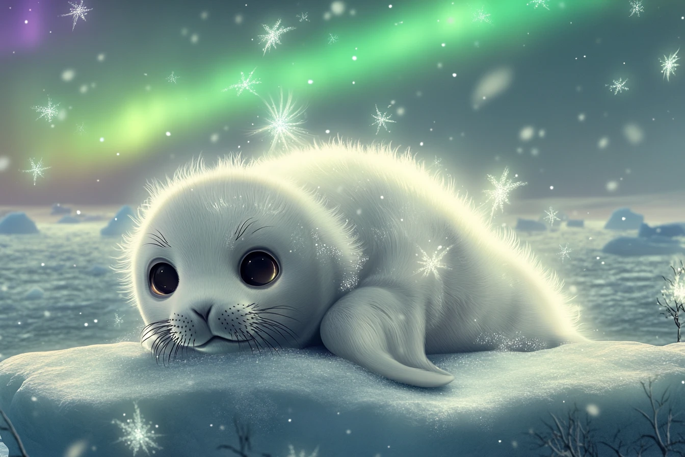 Magical baby harp seal glowing on arctic ice at dawn