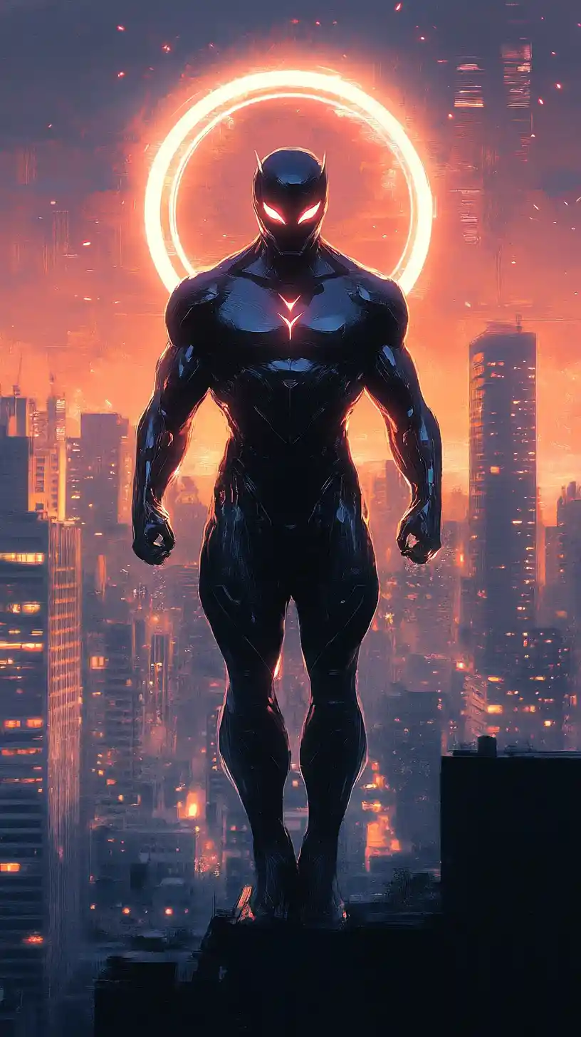 Futuristic superhero in metallic suit over glowing cityscape