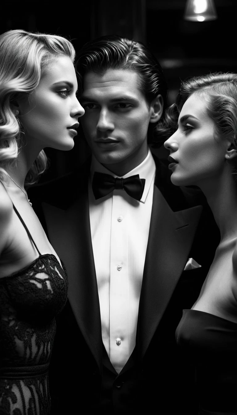 Elegant club portrait of man kissing two models