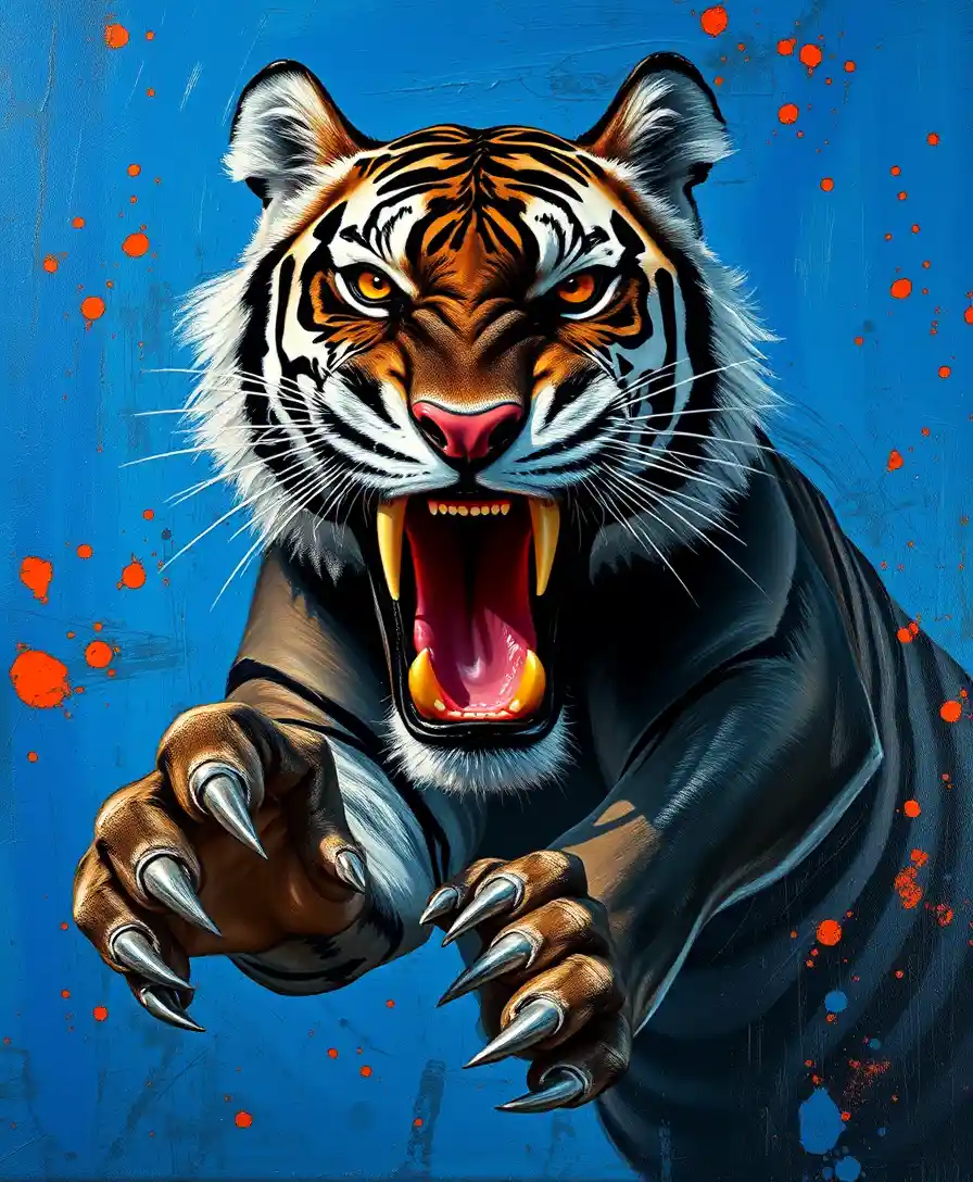 Feroz tigre negro lanzándose contra un vívido fondo azul abstracto
