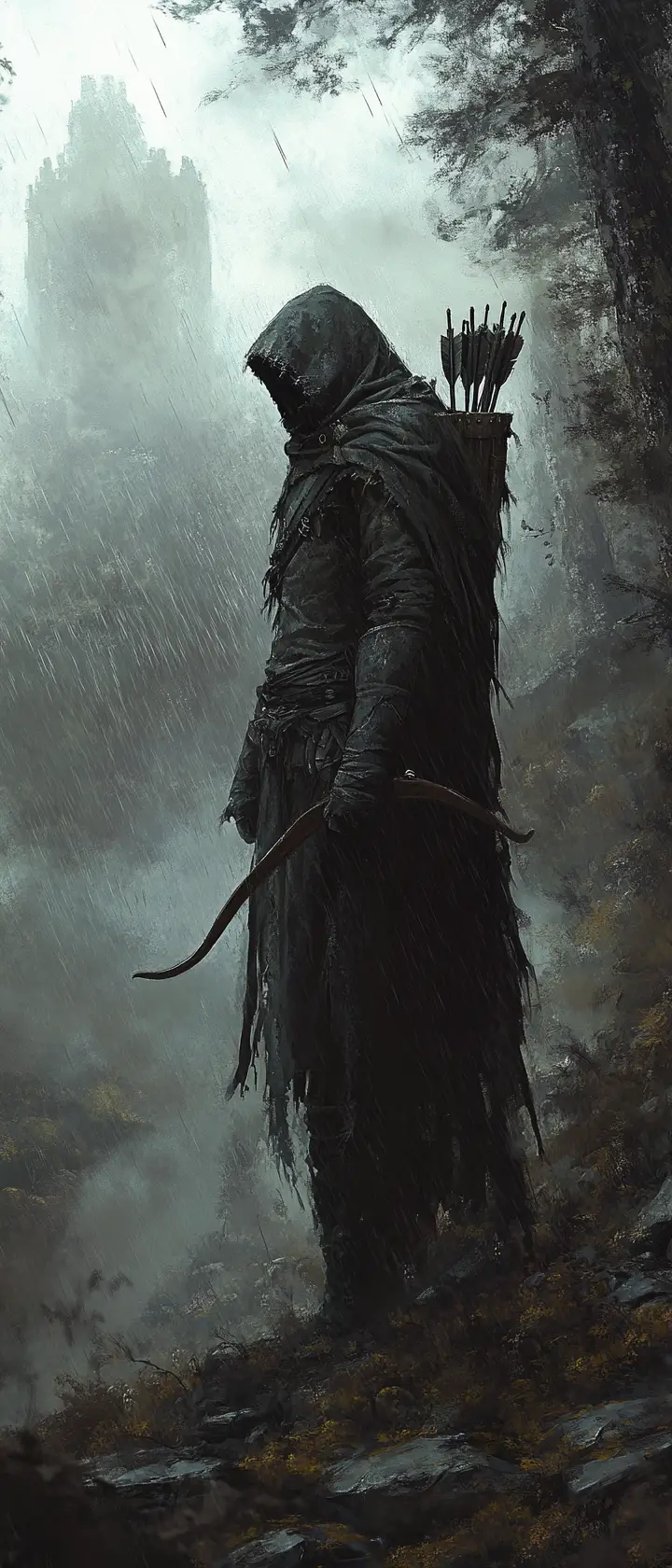 Lone archer at the edge of a rain soaked ancient forest