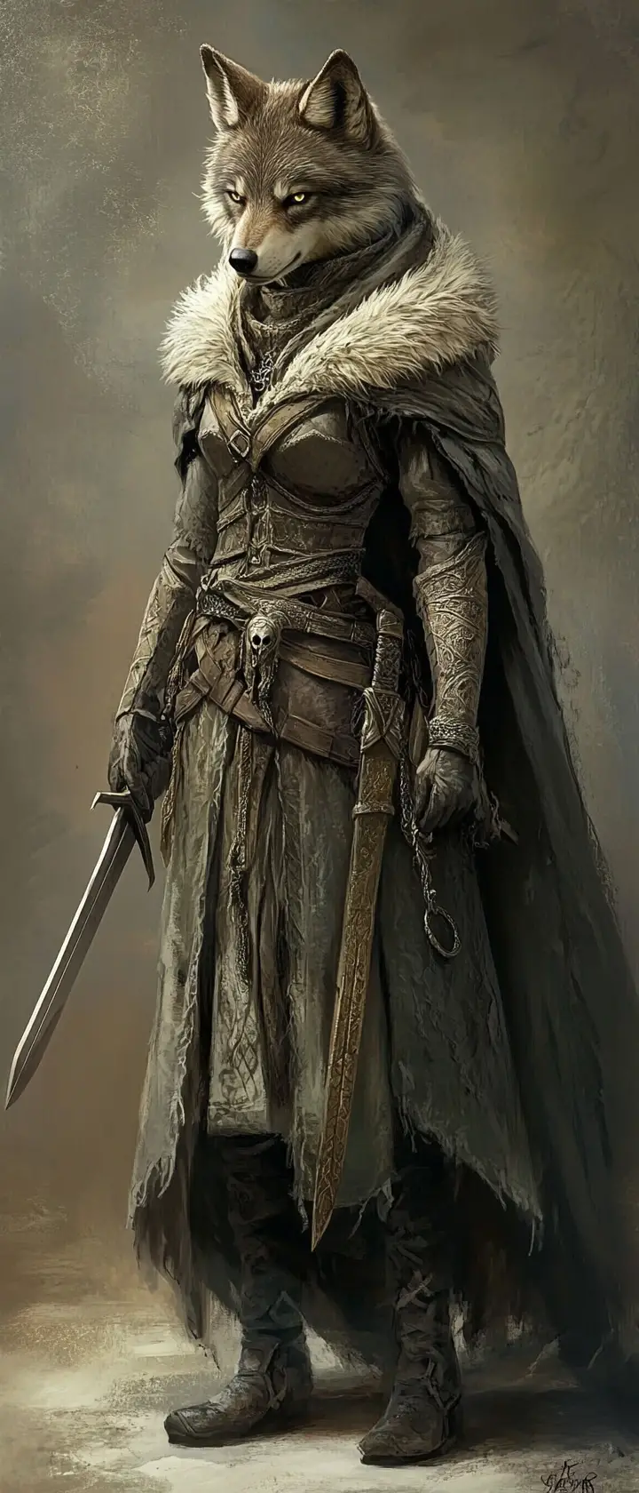 Female wolf warrior in medieval armor with sword and cloak