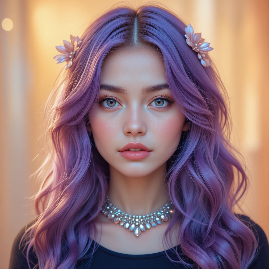Young woman with purple hair in dreamy close up portrait
