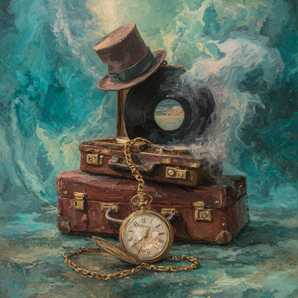 Surreales Stillleben mit Vintage-Koffer und Taschenuhr