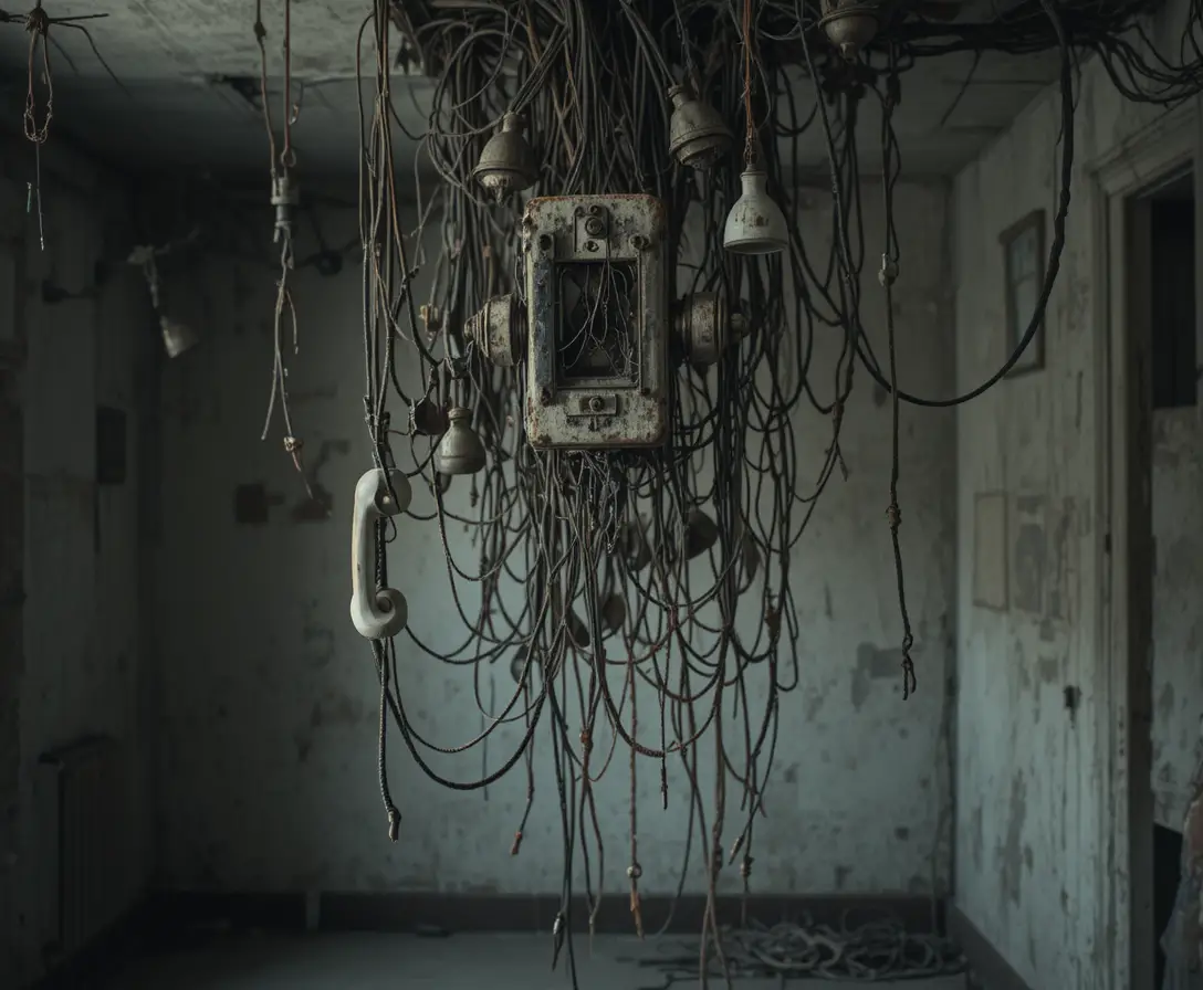 Loose tangled telephone wires in an abandoned office corner