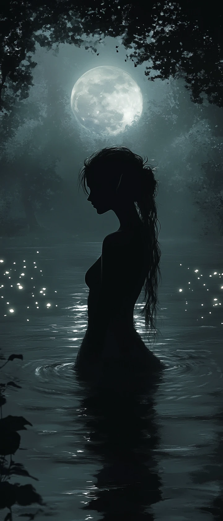 Jeune elfe dans un lac au clair de lune entourée de lucioles