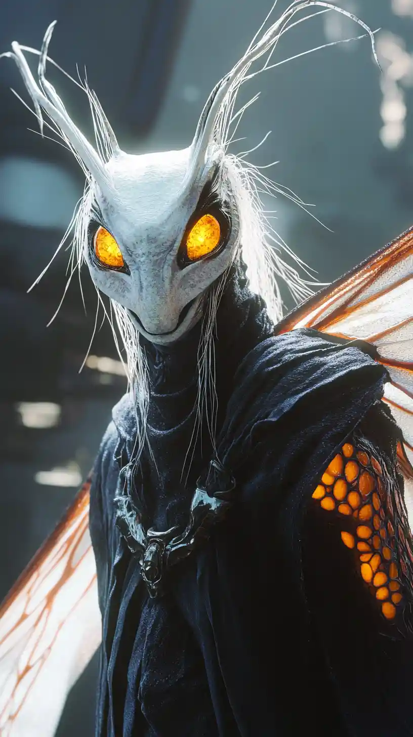 Alien being with glowing eyes and delicate white wings