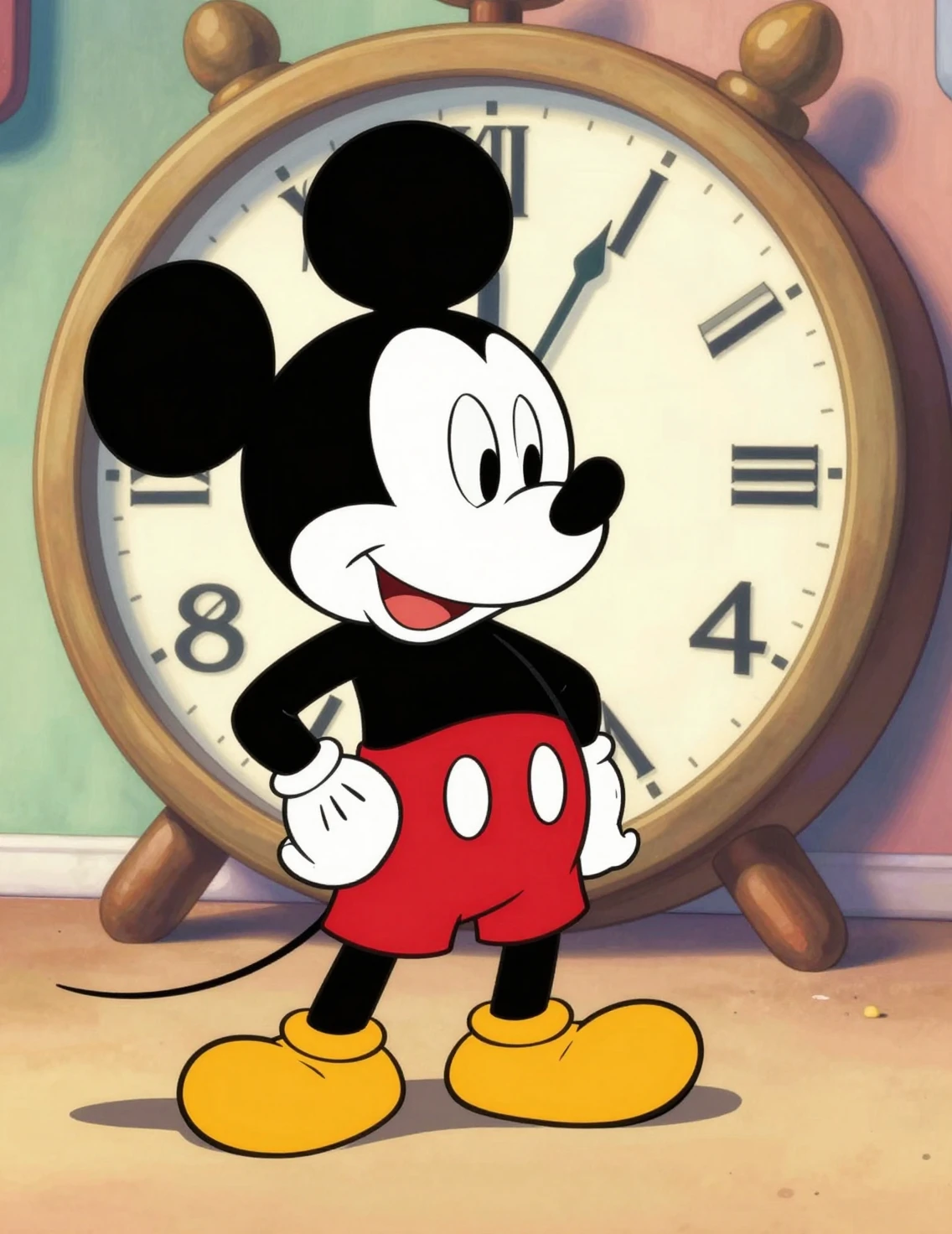 Cartoon mouse in red shorts before a giant clock