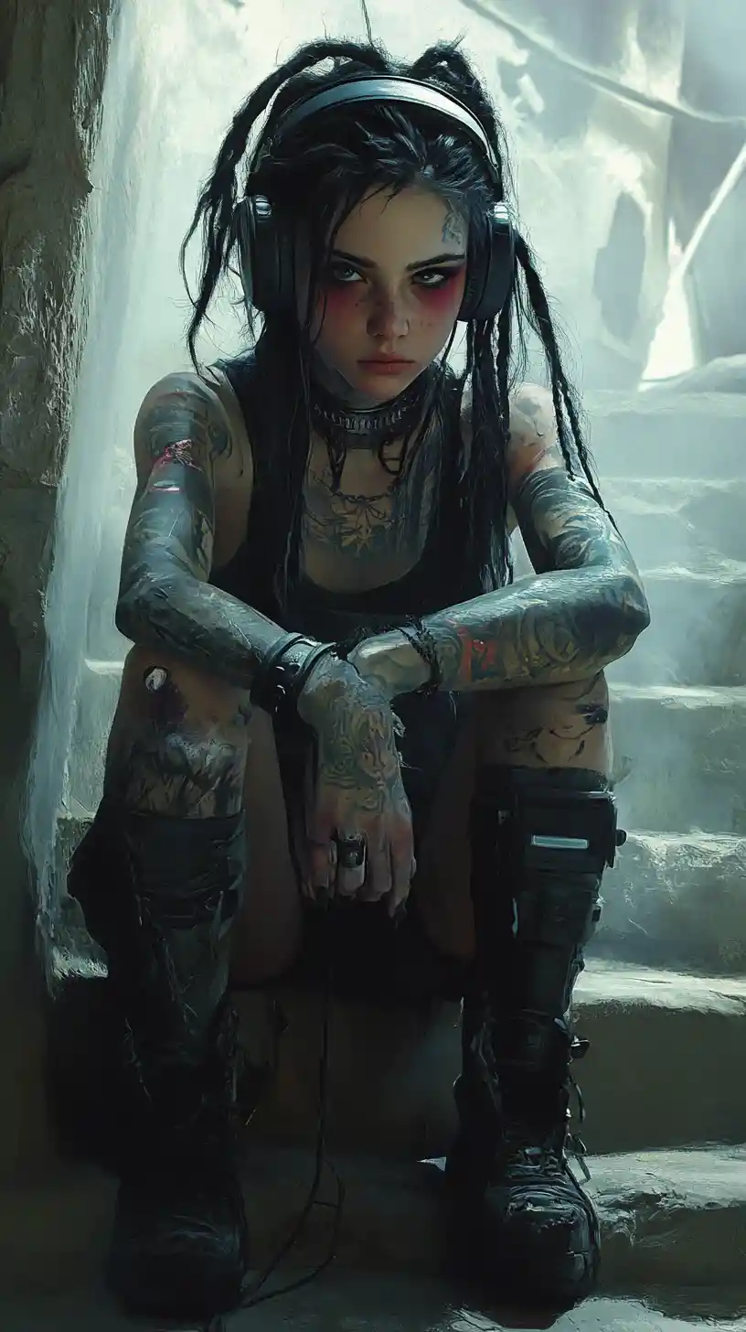 Tattooed girl with dreadlocks on foggy stone steps