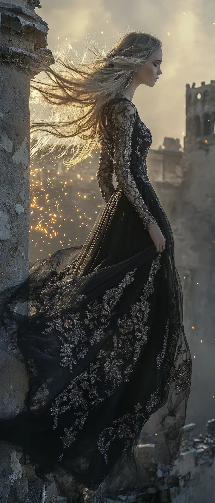 Young woman on crumbling stone tower at golden sunset