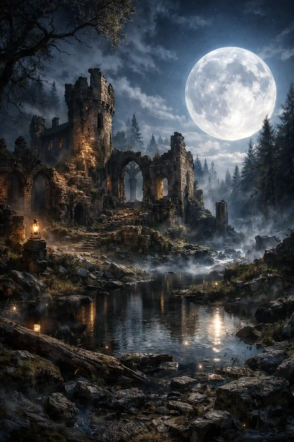 Castillo en ruinas a la luz de la luna junto a un bosque oscuro y encantado