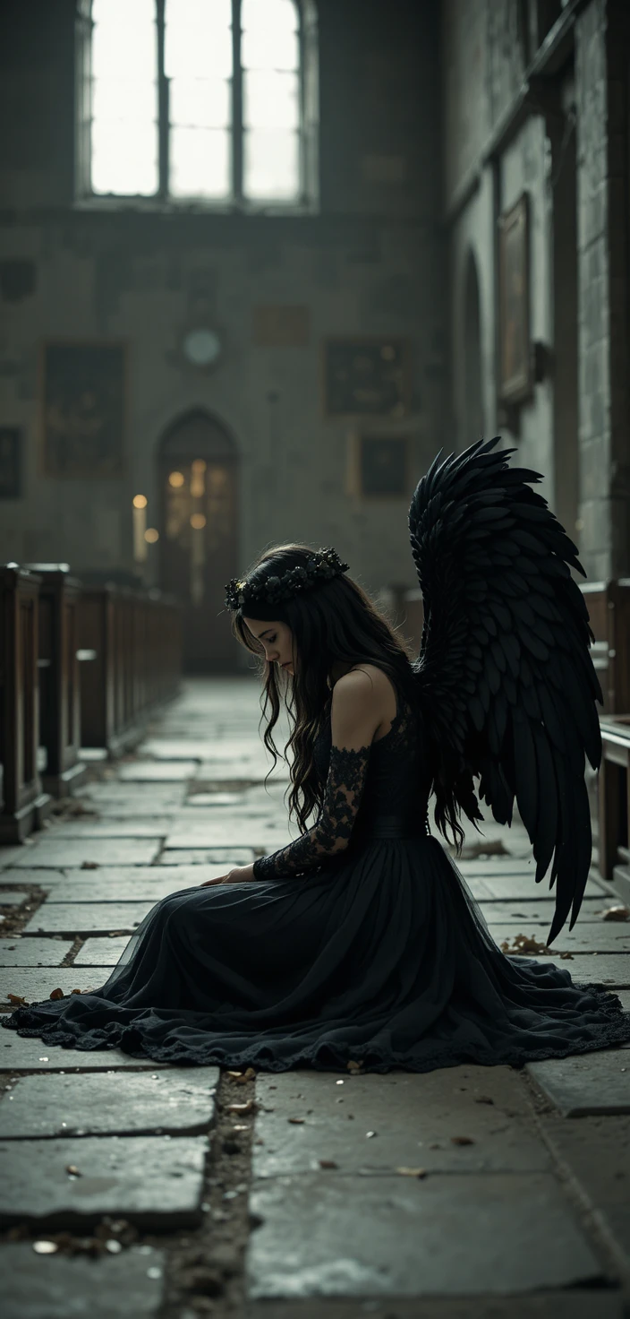Mujer angelical melancólica de negro en una iglesia abandonada