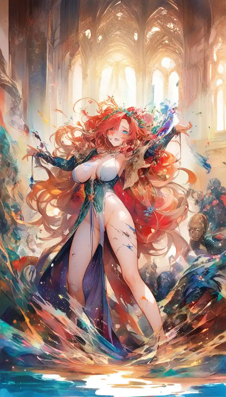 Crying fantasy princess in a ruined palace interior