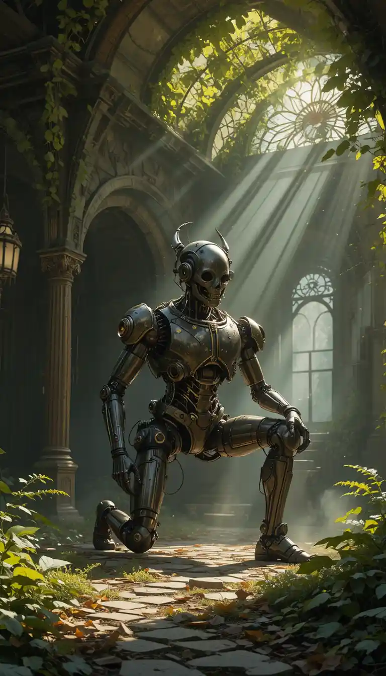 Ancient steampunk robot resting in a jungle temple